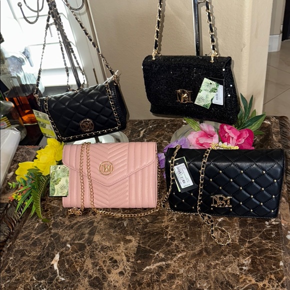 All NWT 4 bag BADGLEY MISCHKA BAG Elegant Black and Pink Quilted Chain Bags - Picture 8 of 9